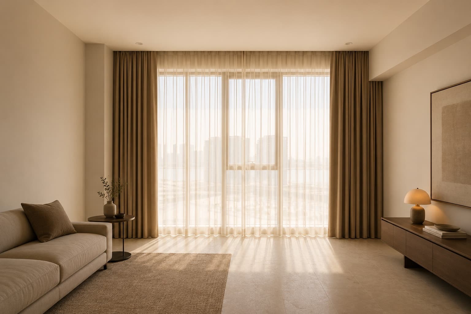 After: the same room dressed in sheer and drape, light diffused and the space furnished