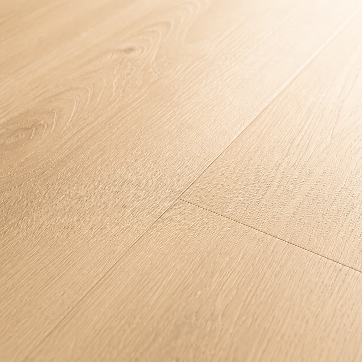 Engineered oak plank flooring, joint line in raking light
