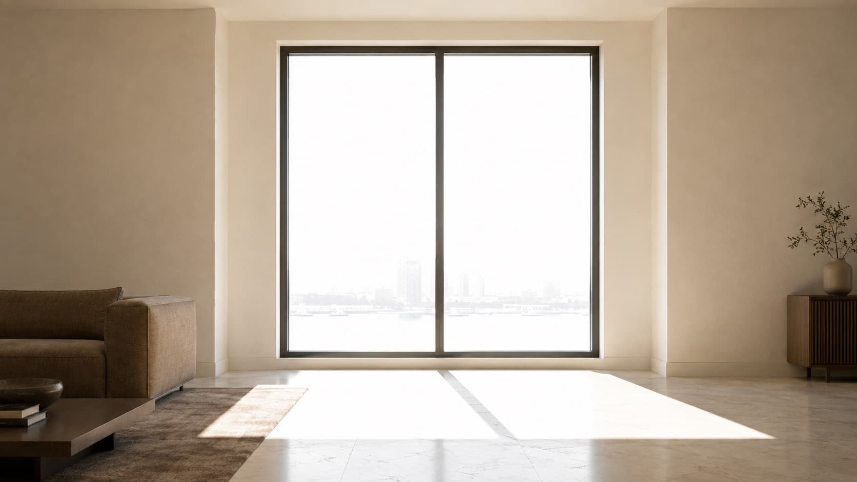 Bare floor-to-ceiling window at midday, unfiltered glare across the floor