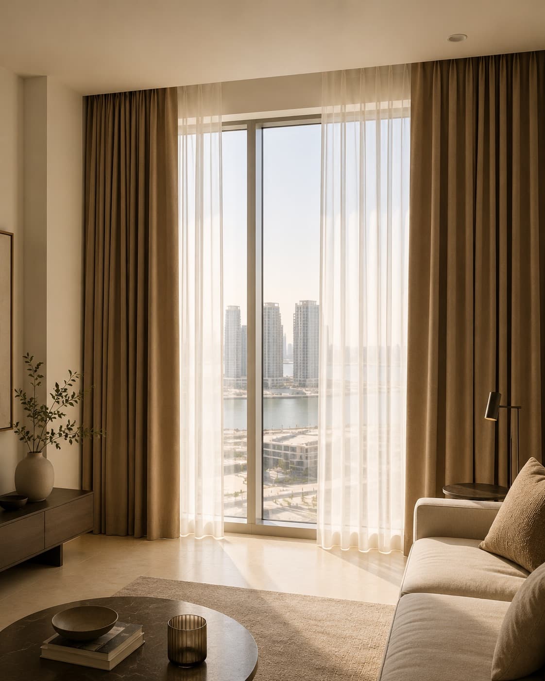 High-rise living room with sheer and drape layers, waterfront view beyond