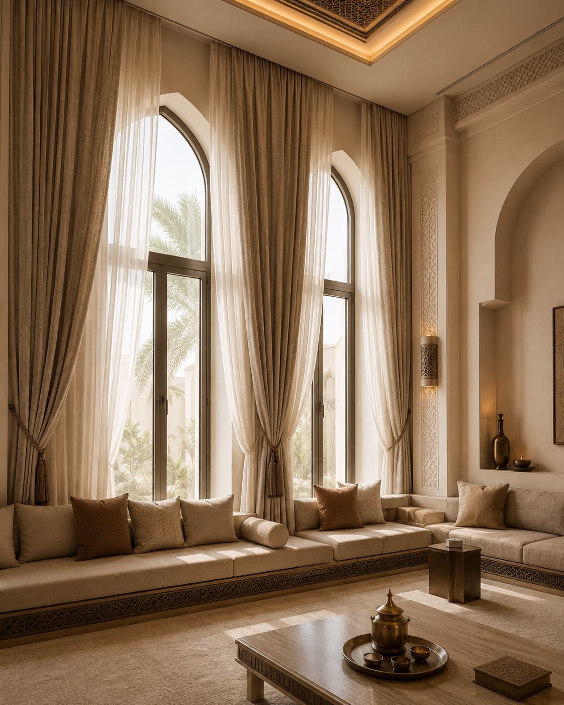 Villa majlis with arched windows dressed in layered linen curtains