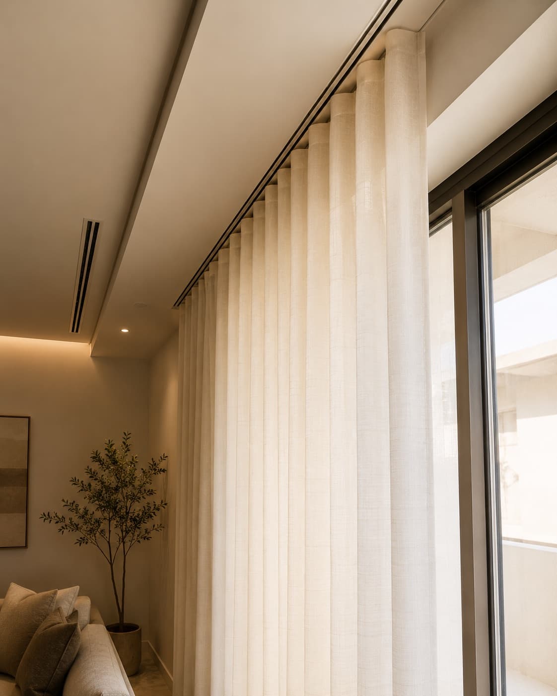 Ceiling-recessed motorised curtain track running the length of a window wall